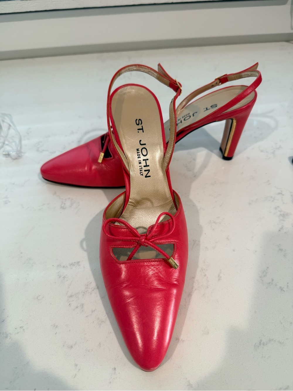 St. John Pink Leather Slingback Pumps with Bow Detail